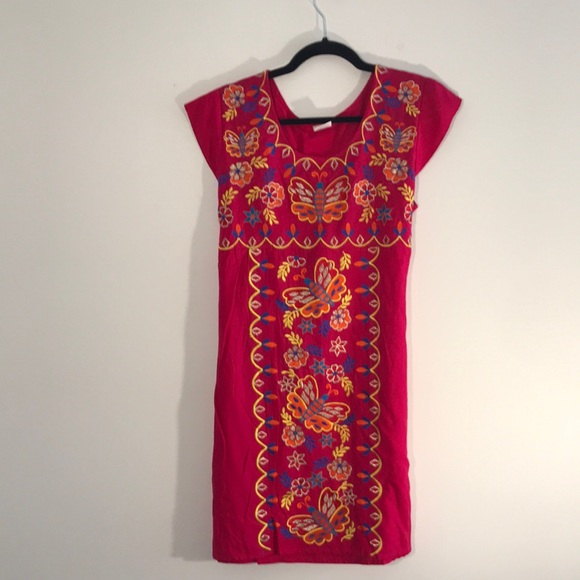 Jiya Dresses & Skirts - Jiya Mexico, Fushia Boho Mexican Floral Embroidered Dress